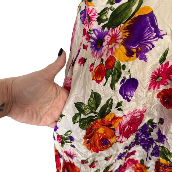 Vintage 80s Silk Floral Faux Wrap Midi Shirt Dress Oleg Cassini Womens Size 6 - Picture 4 of 7